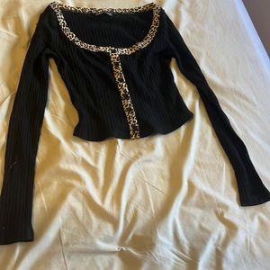 SHEIN button front contrast leopard trim rib-knit time